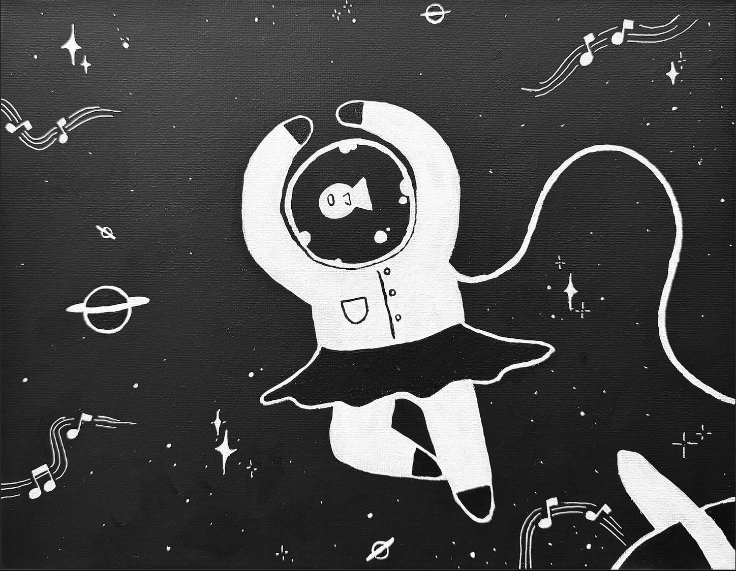 Space Fish, 14" x 9", Acrylic on Canvas, 2025
